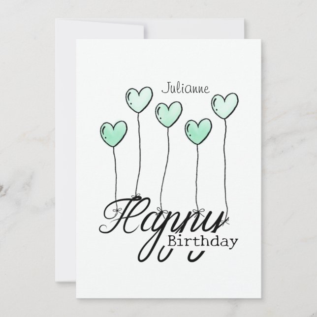 Birthday Card With Mint Heart Balloons And Name Karte (Vorderseite)