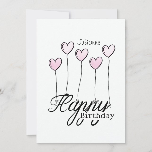 Birthday Card With Rosé Heart Balloons And Name Karte (Vorderseite)