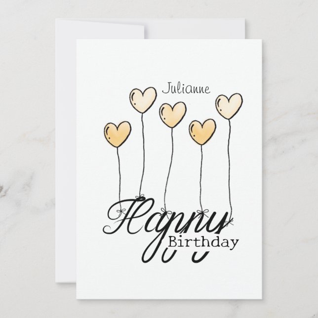 Birthday Card With Yellow Heart Balloons And Name Karte (Vorderseite)