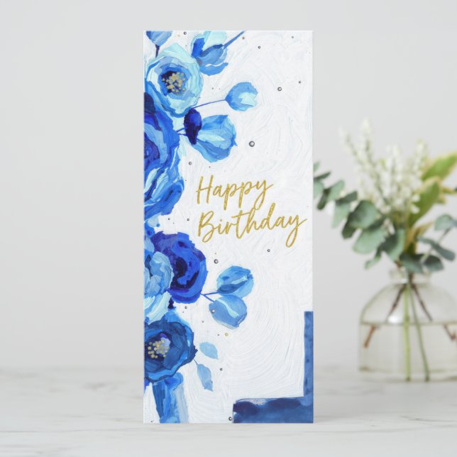 birthday cards blue modern floral watercolor (Stehend Vorderseite)