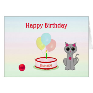 Birthday cat, cake & ballons on pastel color Card