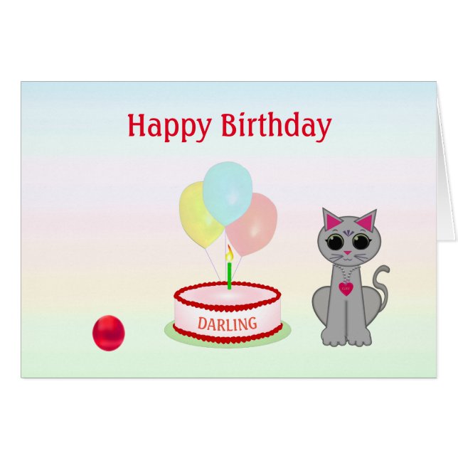 Birthday cat, cake & ballons on pastel color Card (Vorderseite (Horizontal))