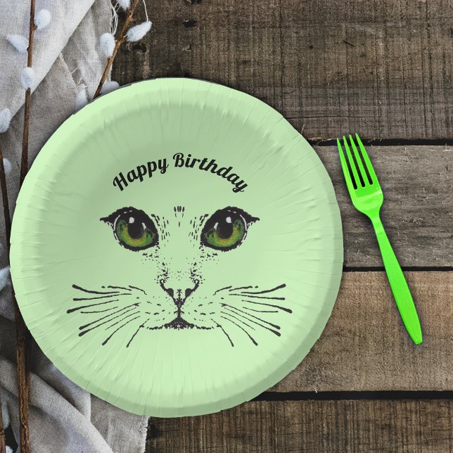 Birthday Cat Face in Black Green Eyes Whiskers Pappteller (Face of cat drawn in black with intense green eyes and whiskers on green Happy Birthday paper bowl.)