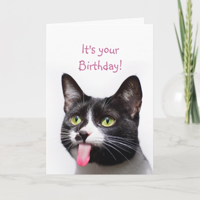 Birthday Cat Sticken aus Zunge Funny Spaß Karte (Vorderseite)