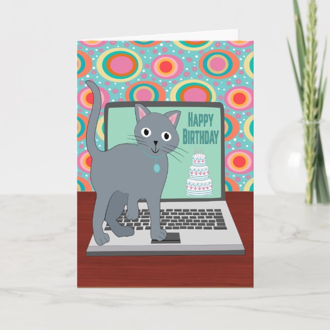 Birthday Cat Typing on Laptop Karte (Vorderseite)