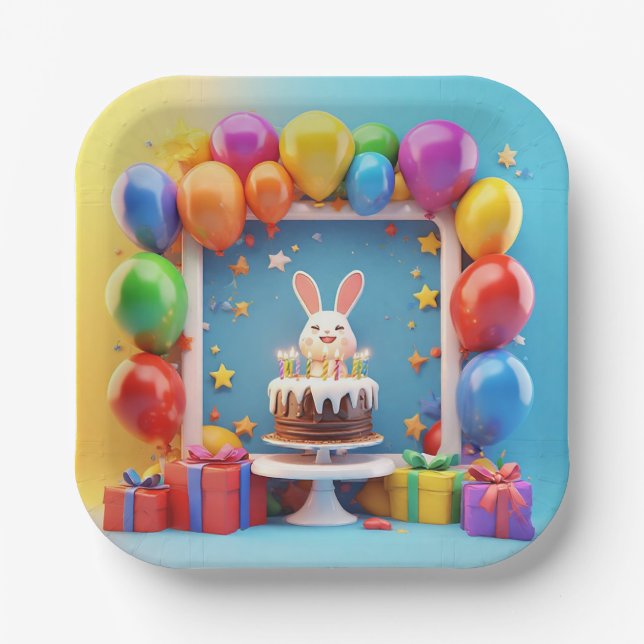 Birthday Celebration Scene with Cake, Ballons Pappteller (Vorderseite)