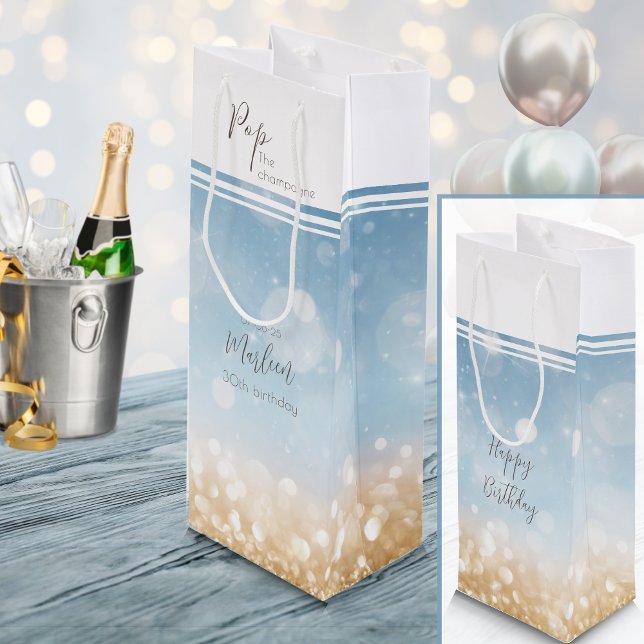 Birthday Champagner hellblau glitzerndes Gold Geschenktüte Für Weinflaschen (Champagne celebration. An elegant light gold and sparling blue bottle gift bag. Girly and glamorous)