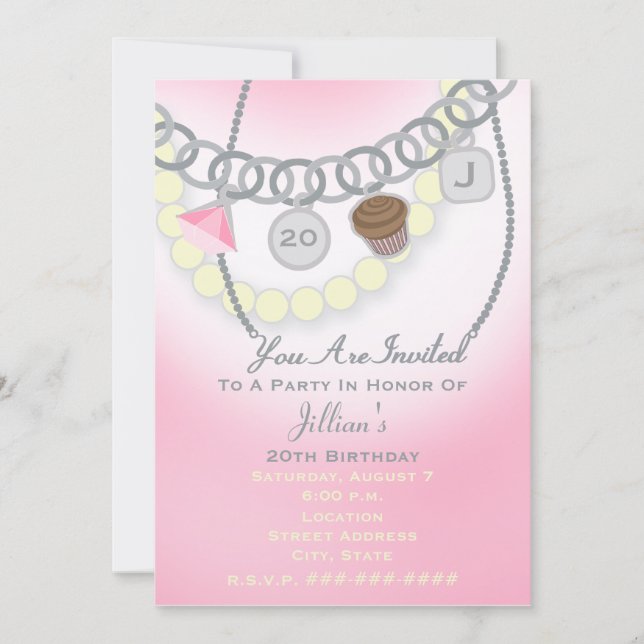 Birthday Charm Bracelet & Pearls Schmuck Einladung (Vorderseite)