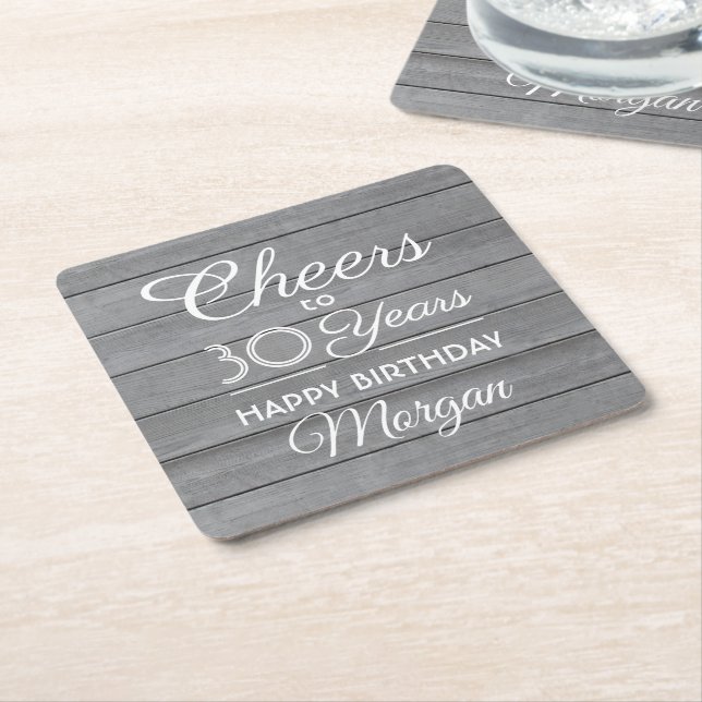 Birthday Cheers Rustic Wood Elegant Gray White Rechteckiger Pappuntersetzer (angewinkelt)