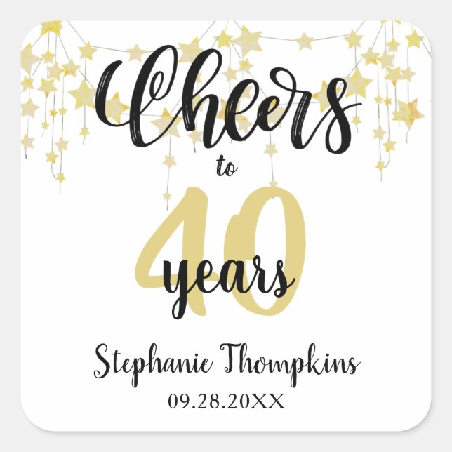 Birthday CHEERS TO # YEARS Black Gold Stars Script Quadratischer Aufkleber (Vorderseite)