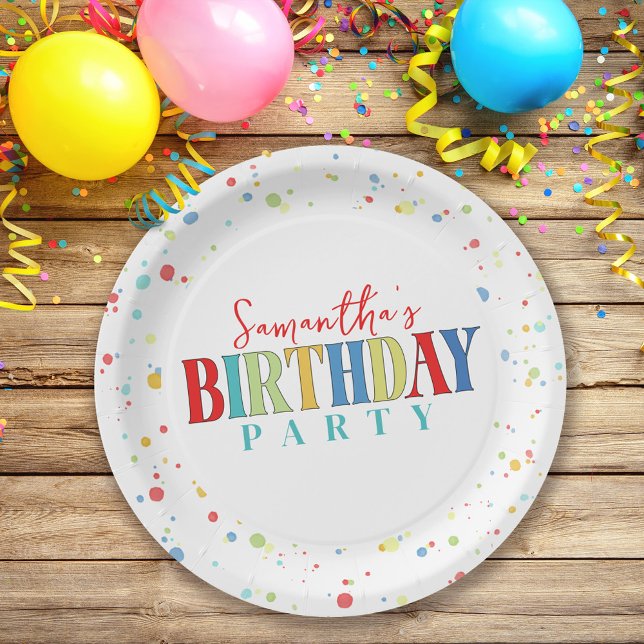 Birthday Colorful Confetti Whimsical Kalligraphie Pappteller (Von Creator hochgeladen)