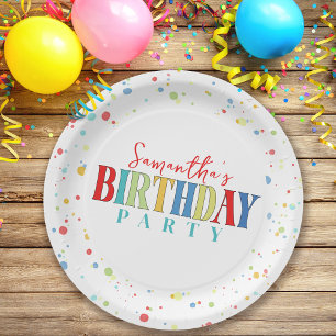 Birthday Colorful Confetti Whimsical Kalligraphie Pappteller