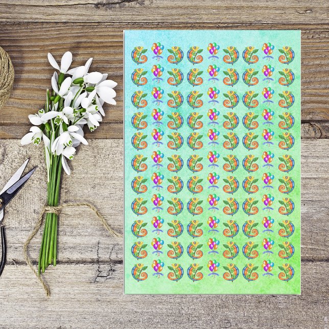 Birthday Colorful Lizards Balloons Blue Green Seidenpapier (Colourful fun lizards with leaf festive balloons on green blue Happy Birthday tissue paper.)