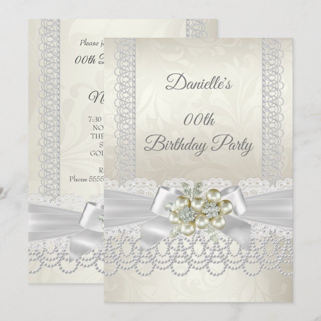 Birthday Cream White Pearl Lace Damask Diamond Einladung (Vorne/Hinten)