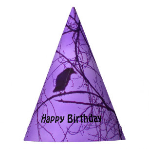 Birthday Crow Silhouette Tree Branches Lila Sky Partyhütchen