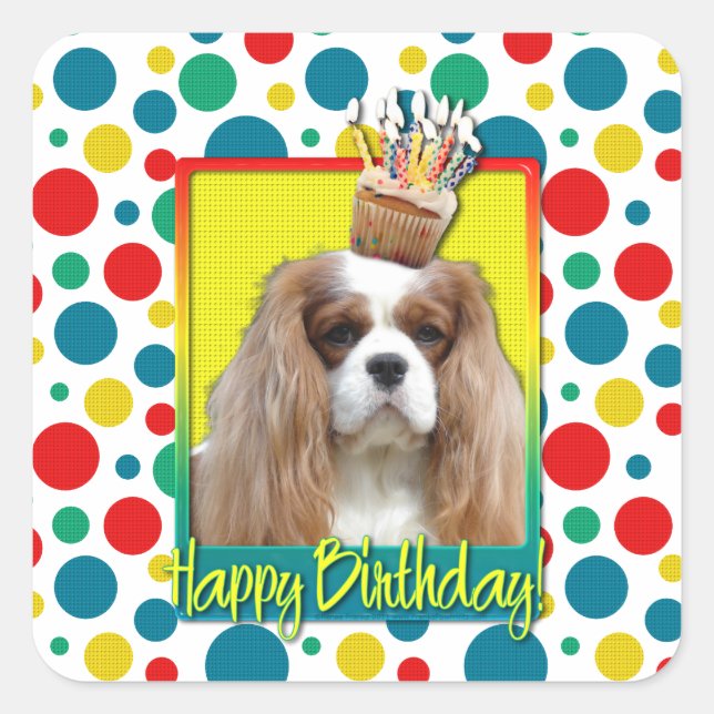 Birthday Cupcake - Cavalier - Blenheim Quadratischer Aufkleber (Vorderseite)