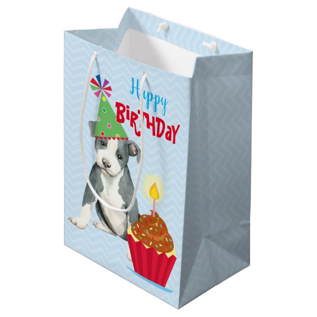 Birthday Cupcake Pit Bull Terrier Mittlere Geschenktüte (Vorderseite Schrägansicht)