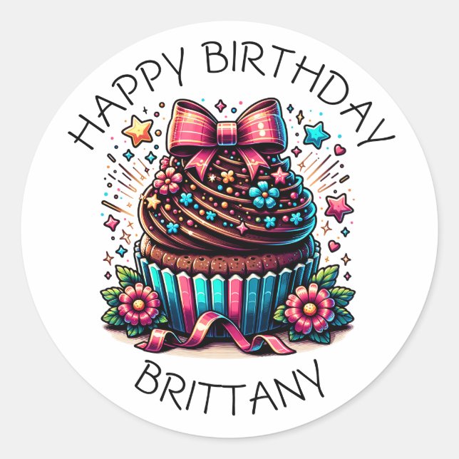 Birthday Cupcake Whimsical Personalisiert Runder Aufkleber (Vorderseite)