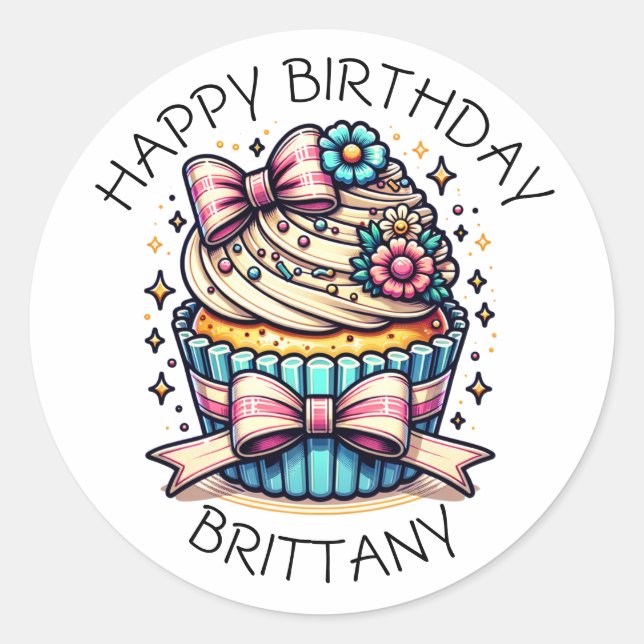 Birthday Cupcake Whimsical Personalisiert Runder Aufkleber (Vorderseite)