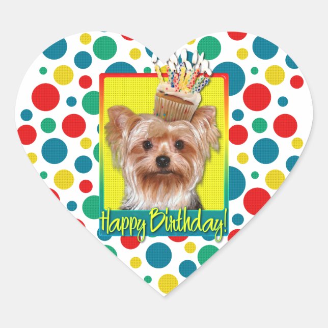 Birthday Cupcake - Yorkshire Terrier Herz-Aufkleber (Vorderseite)