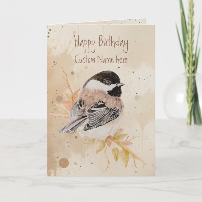 Birthday Custom Name Chickadee Bird Karte (Vorderseite)