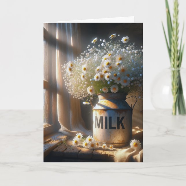 Birthday Daisy Bouquet in Old Milk Can Karte (Vorderseite)