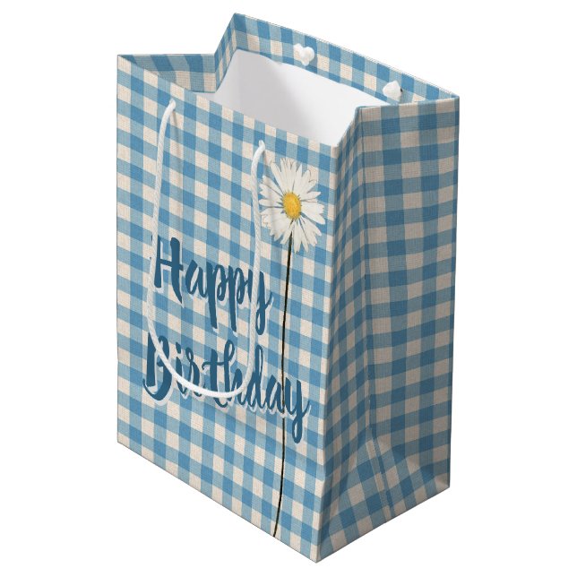Birthday Daisy on Aqua Gingham Medium Geschenktasc Mittlere Geschenktüte (Vorderseite Schrägansicht)