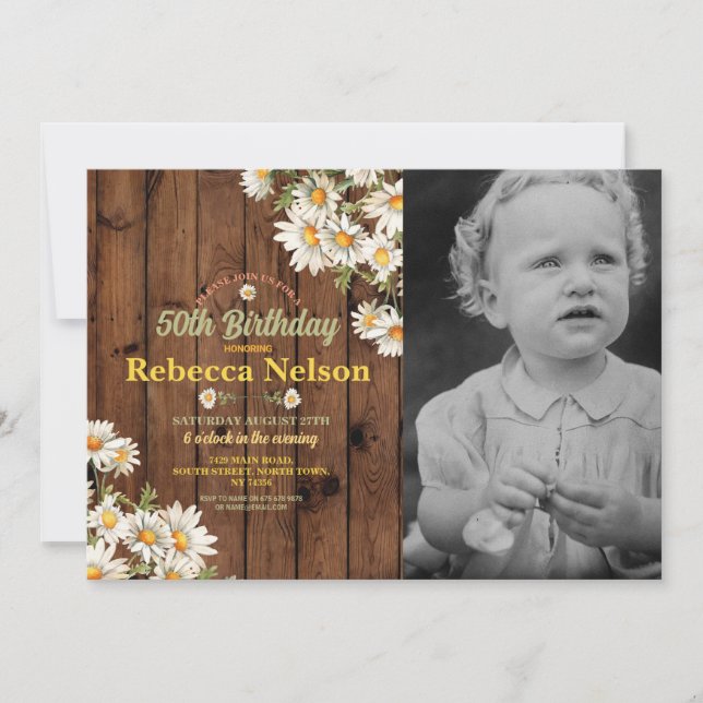 Birthday Daisy Party Invite Floral Wood Foto Einladung (Vorderseite)
