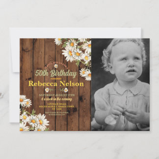 Birthday Daisy Party Invite Floral Wood Foto Einladung