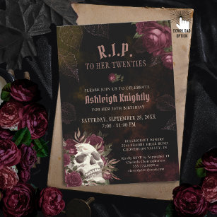 Birthday Dark Skull und Rose RIP Zwanzig Einladung