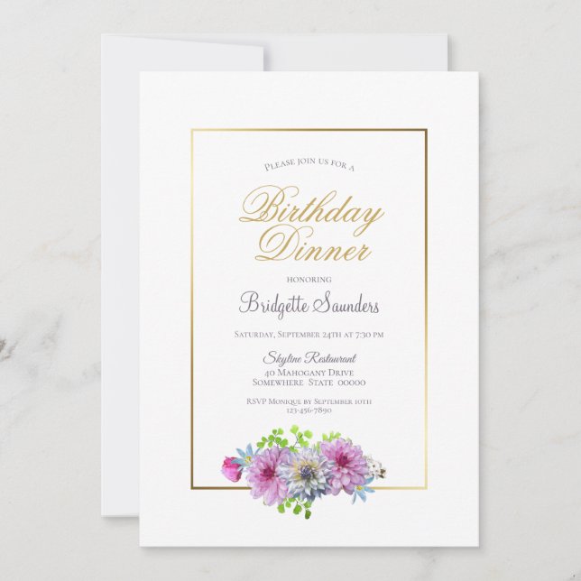 Birthday Dinner Pink Blue Floral Gold Border Party Einladung (Vorderseite)