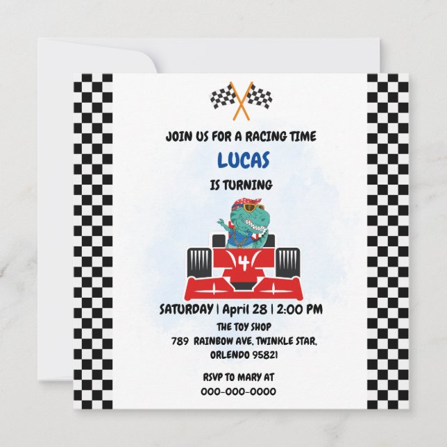 Birthday Dinosaurier Rennfahrer Red Racing Childre Dankeskarte (Vorderseite)