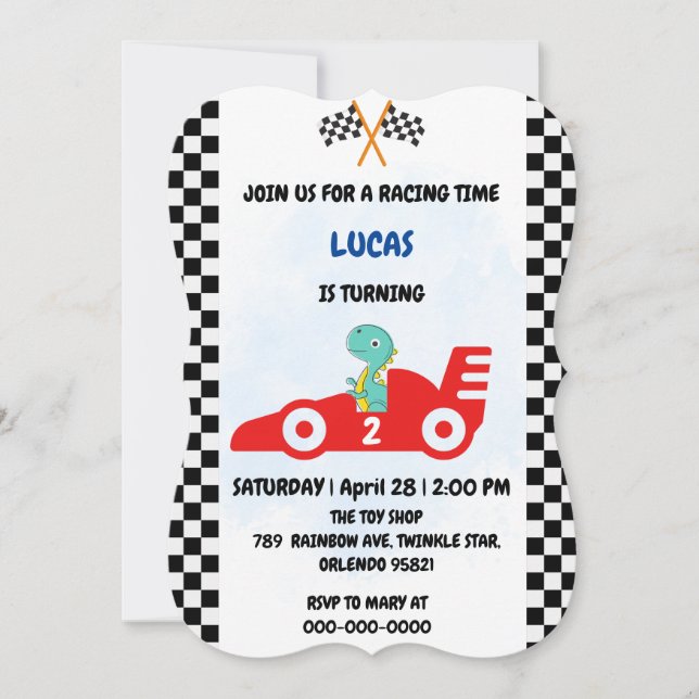 Birthday Dinosaurier Rennfahrer Red Racing Childre Einladung (Vorderseite)