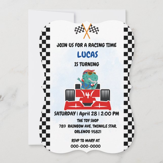 Birthday Dinosaurier Rennfahrer Red Racing Childre Einladung (Vorderseite)