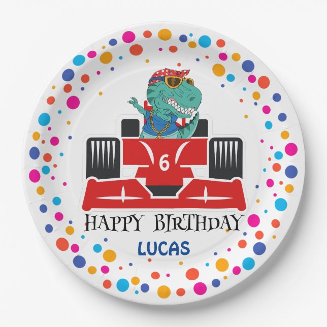 Birthday Dinosaurier Rennfahrer Red Racing Kind Na Pappteller (Vorderseite)