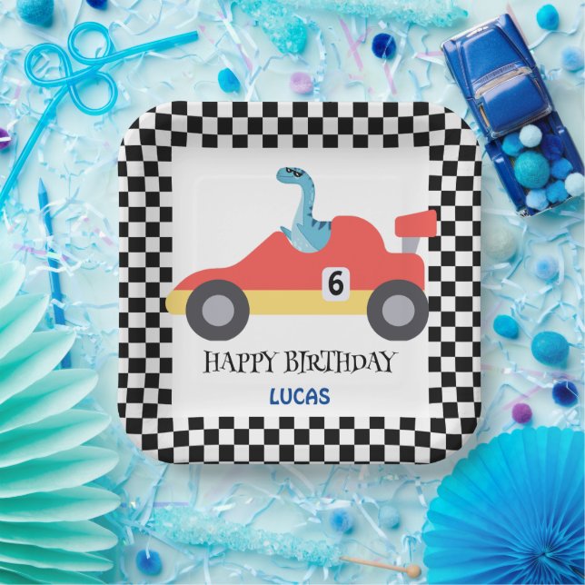 Birthday Dinosaurier Rennwagen Roter Junge Name Pappteller (Party)