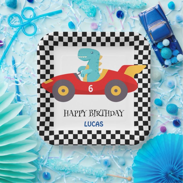 Birthday Dinosaurier Rennwagen Roter Junge Name Pappteller (Party)