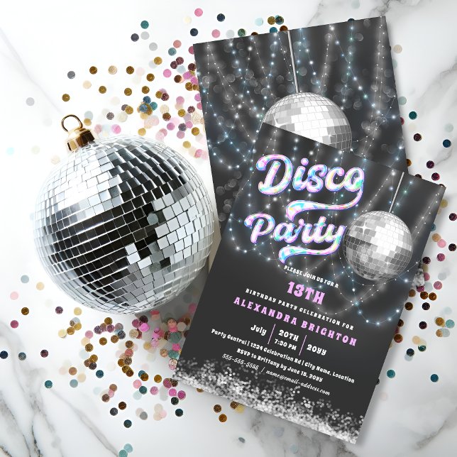 Birthday Disco Party Einladung (Birthday disco party invitation front and back view.)