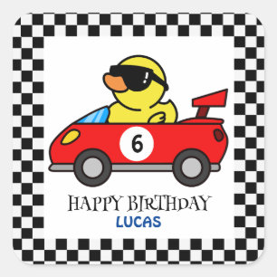 Birthday Duck Rennwagen Roter Junge Name Quadratischer Aufkleber