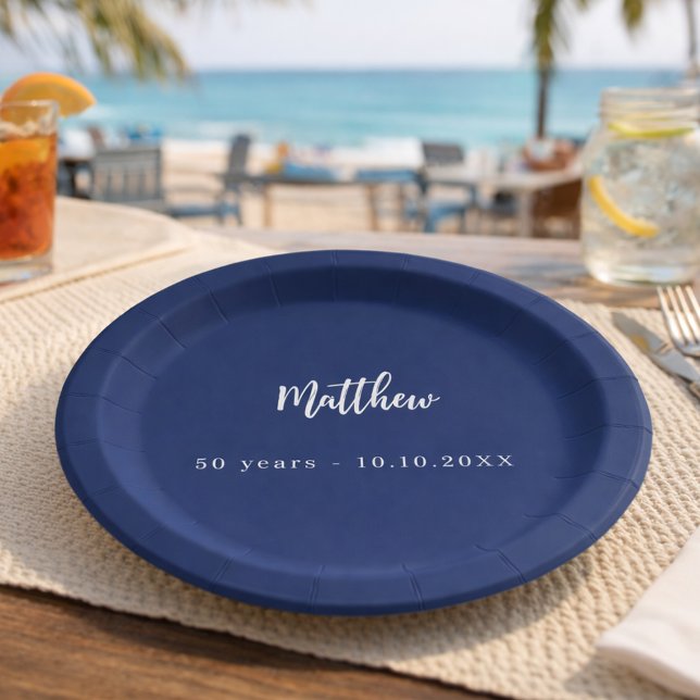 Birthday dunkelblau weiße Schrift minimalistisch Pappteller (Von Creator hochgeladen)