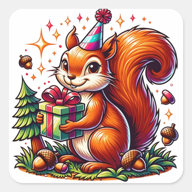 Birthday Eichhörnchen Niedlicher Cartoon Quadratischer Aufkleber (Vorderseite)
