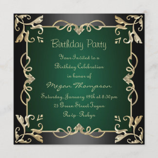 Birthday Einladung, Schwarz/Gold/Grün Swirl Einladung