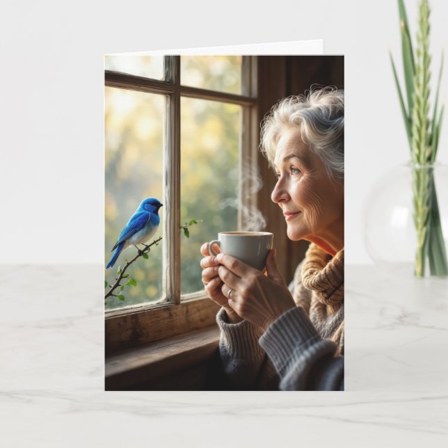 Birthday Elderly Woman Watching a Bluebird Karte (Vorderseite)