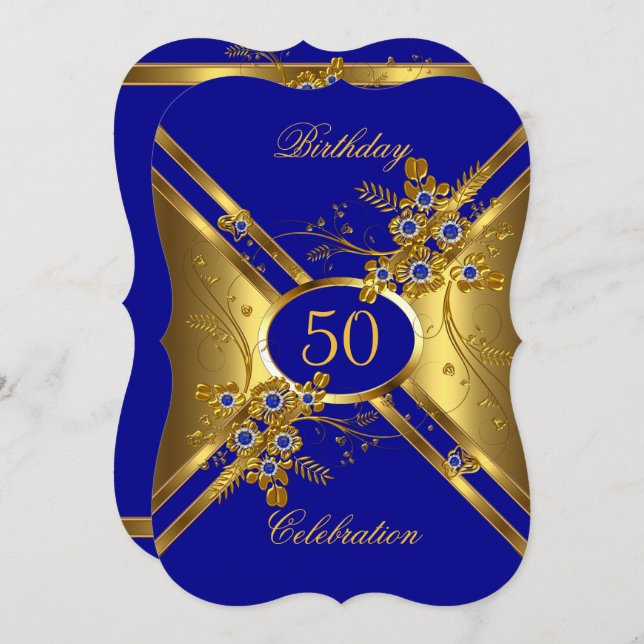 Birthday Elegant Gold Royal Blue Floral Einladung (Vorne/Hinten)