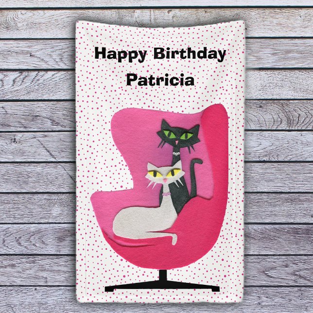 Birthday Elegant Mitte Jahrhundert Katzen Rosa Stu Banner (Pretty black and white cats in min century pink chair polka dots on white Happy Birthday banner.)