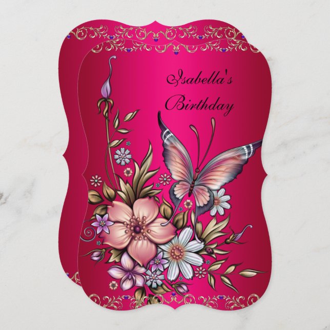 Birthday Elegante Pink Fushia Floral Butterfly Einladung (Vorne/Hinten)