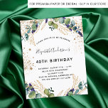 Birthday Eukalyptus green Glitzer Postkarte<br><div class="desc">Für eine 40. Geburtstagsfeier (oder jedes Alter). Weiße, mit Eukalyptusgrün und goldenen Blätter geschmückte Dekoration, die mit goldenen Glitzer geschmückt ist. Personalisieren und fügen Sie Ihre Namen und Hochzeitsdetails. Schwarze und goldfarbene Buchstaben. Zurück: Postkartendesign. Tipp: Wenn Sie es nicht so gewollt haben, dass es wie eine Postkarte aussieht, klicken Sie...</div>