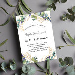 Birthday Eukalyptus grün elegante Einladung<br><div class="desc">Für eine 40. Geburtstagsfeier (oder jedes Alter). Weiß,  mit Eukalyptusgrün und goldenen Blätter dekoriert. Personalisieren und fügen Sie Ihre Namen und Hochzeitsdetails. Schwarze und goldfarbene Buchstaben.</div>