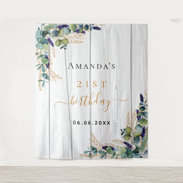 Birthday Eukalyptus grüne rustikale Holzbezeichnun Wandteppich (Vorderseite)