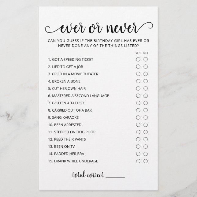 Birthday Ever oder Never Geburtstagsfeier-Spiel (Vorderseite)
